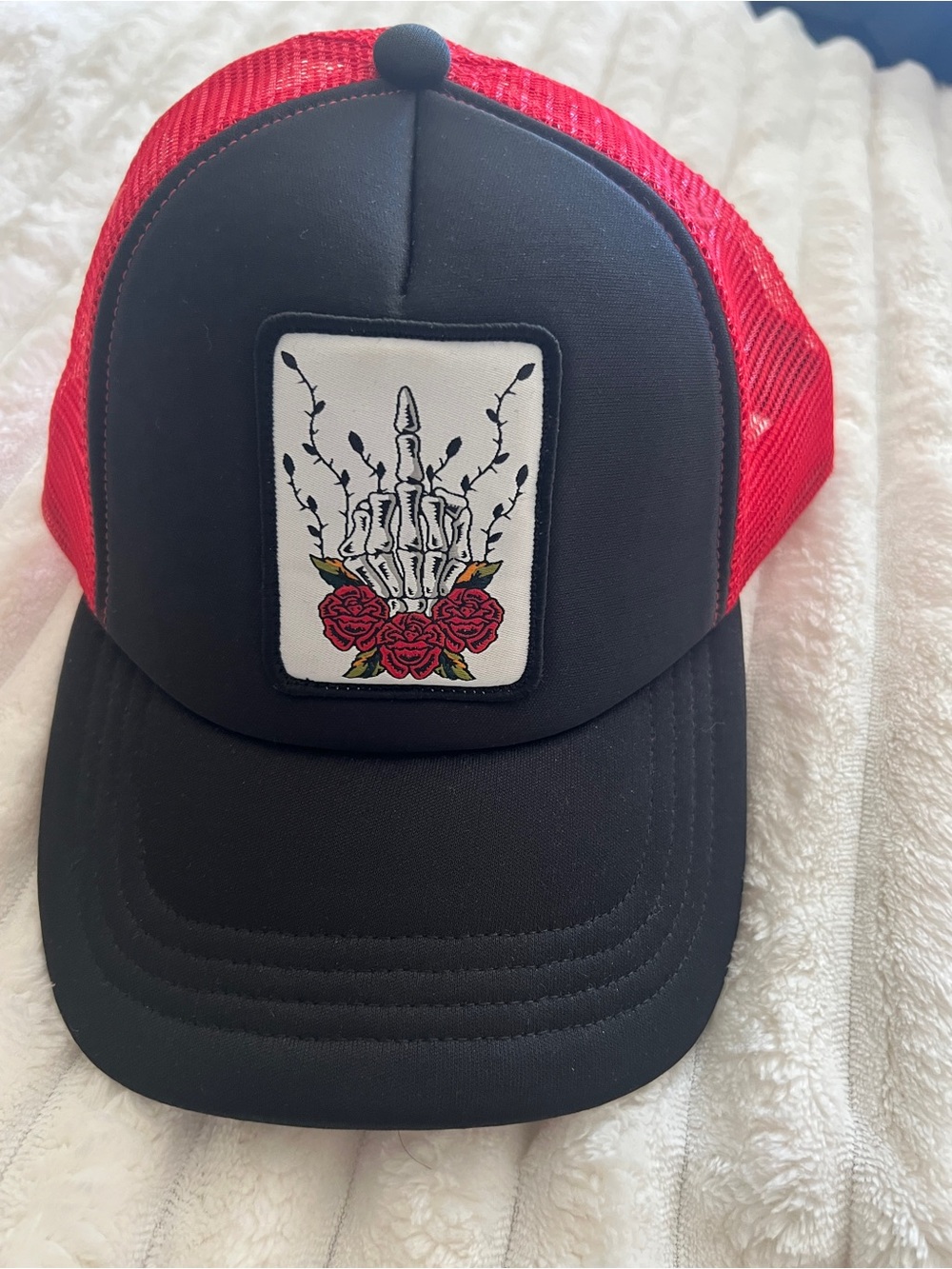 Source Unknown Black and Red Trucker Hat with Skeleton Rose Patch